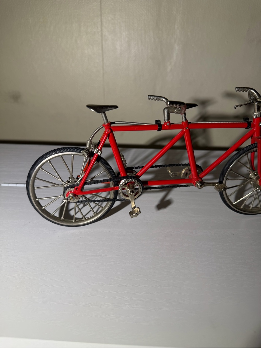 Vintage 1980 Red Tandem Bicycle Toy Model w/ Kickstand, Silver Wheels - Picture 4 of 5